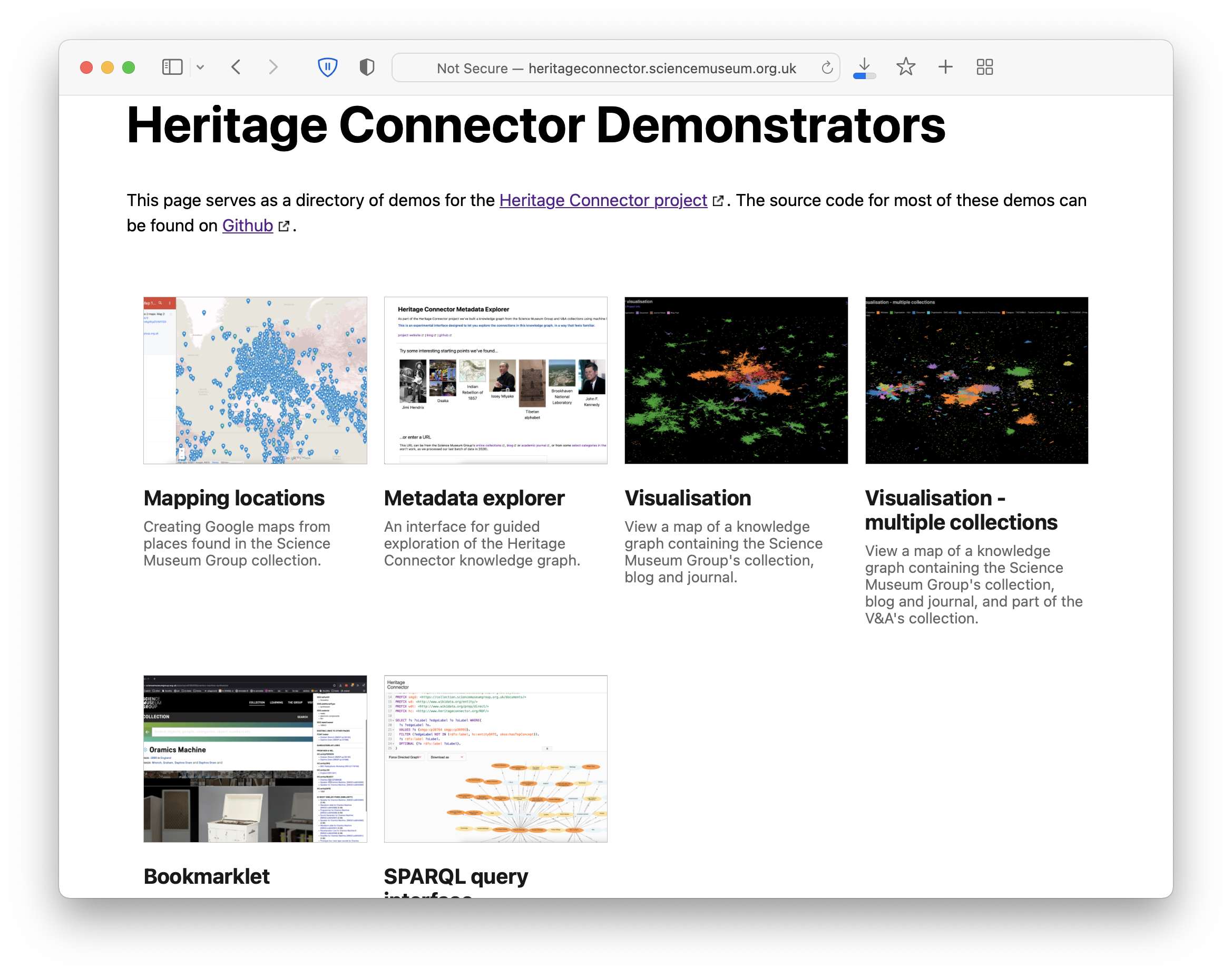 Screengrab of Heritage Connector Demonstrators webpage.