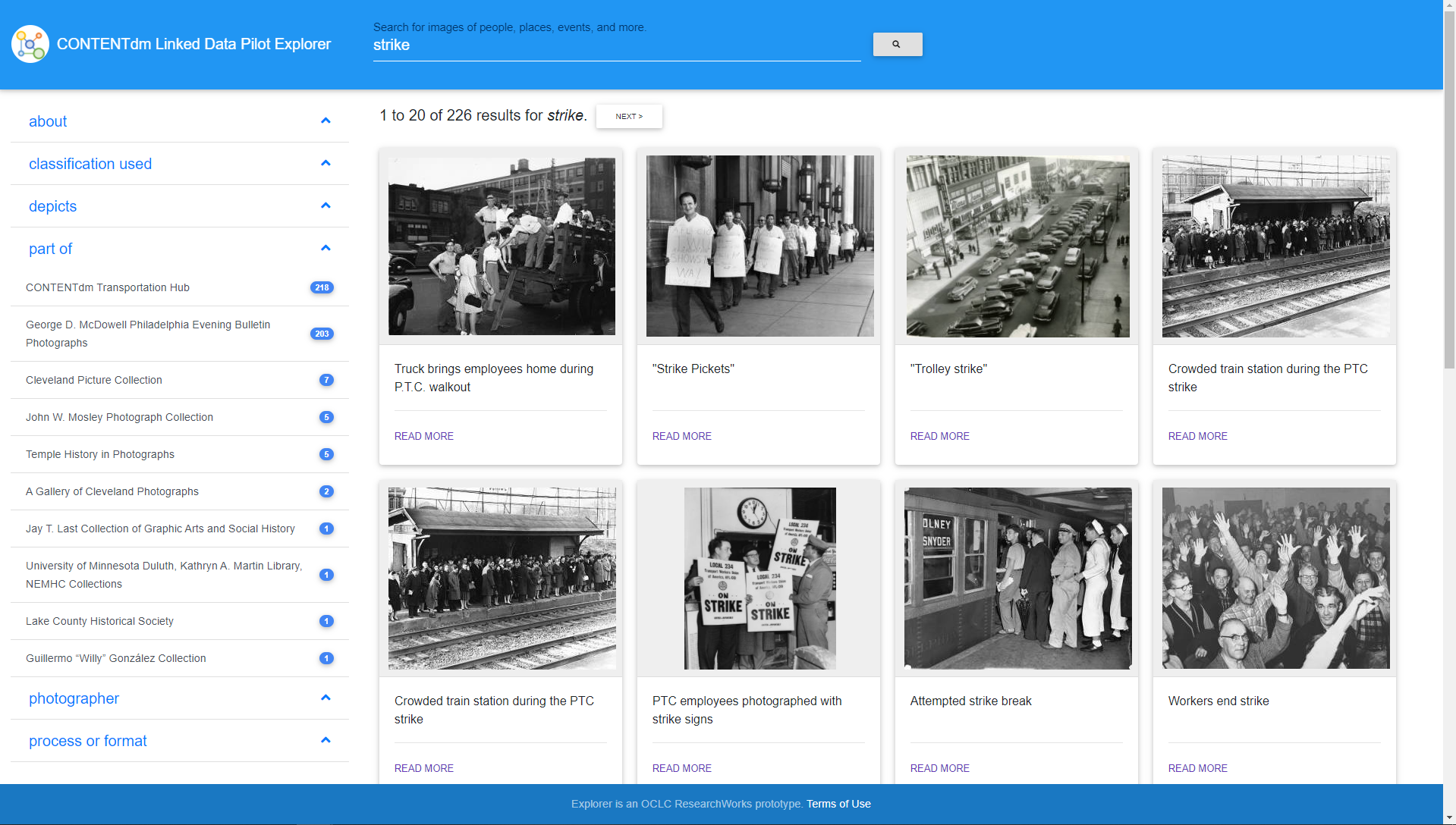 Prototype interface from CONTENTdm Linked Data Pilot Explorer project showing collection search results with left-hand  panel listing various search filters