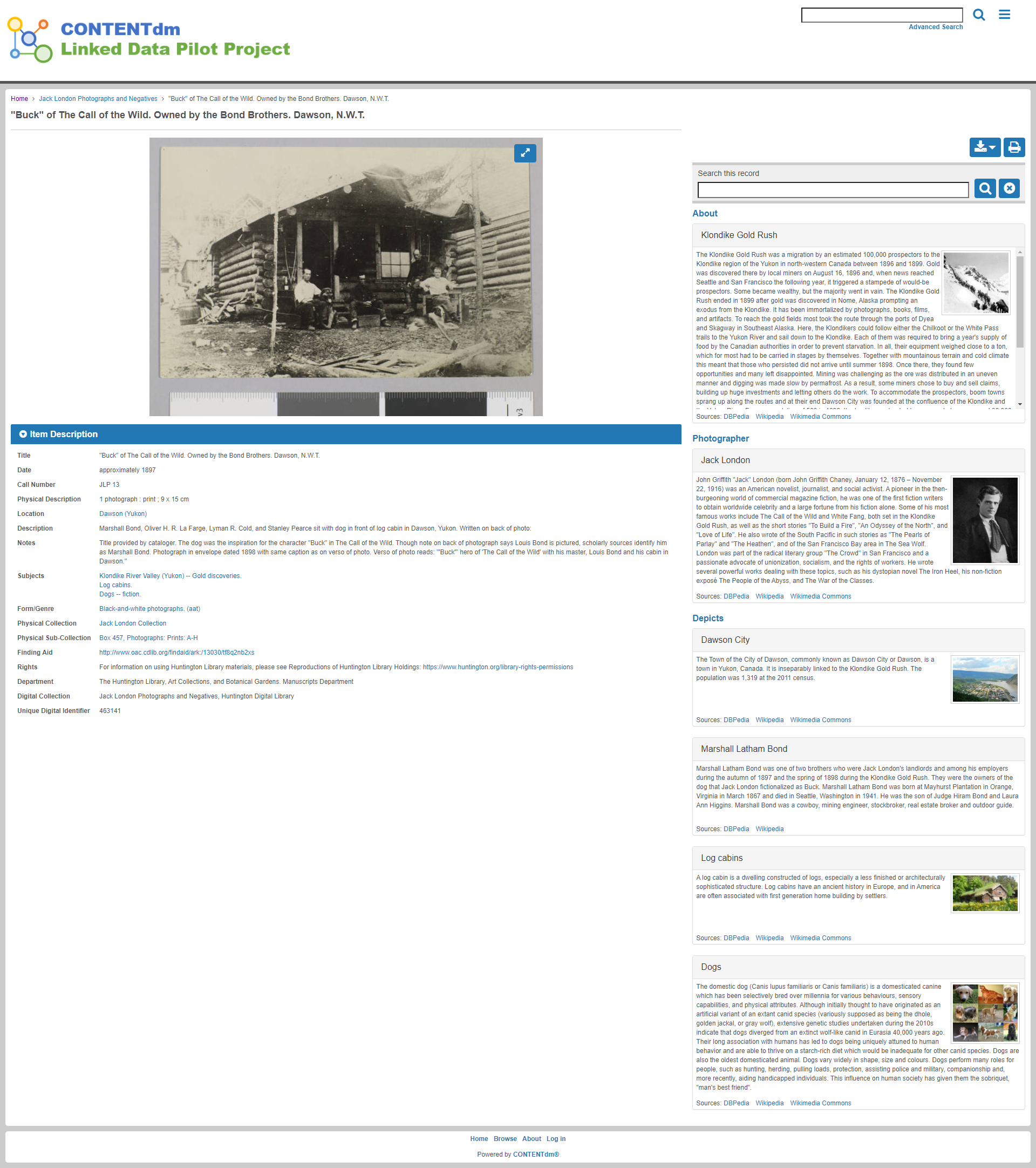 Prototype interface from CONTENTdm Linked Data Pilot Explorer project showing collection image with right-hand knowledge panel listing contextual intormation such as historical events, people, places and things